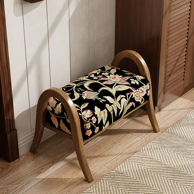 Elegant Traditional Vintage Linen Ash Wood Square Curved Low Stool for Living Room
