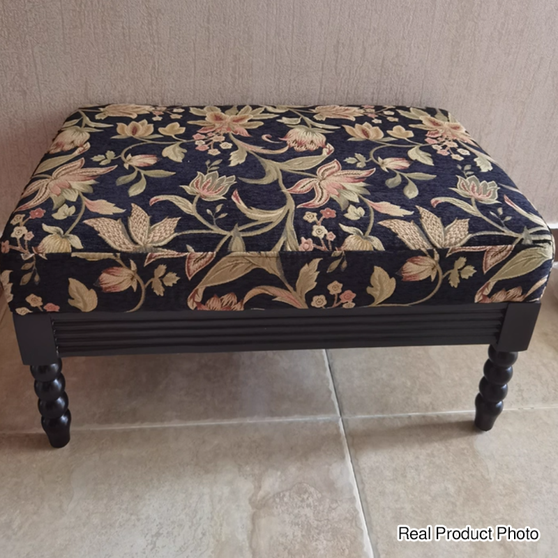 Elegante taburete bajo curvo cuadrado de madera de fresno con lino vintage tradicional para sala de estar