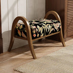 Elegante taburete bajo curvo cuadrado de madera de fresno con lino vintage tradicional para sala de estar