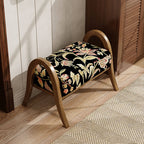 Elegante taburete bajo curvo cuadrado de madera de fresno con lino vintage tradicional para sala de estar