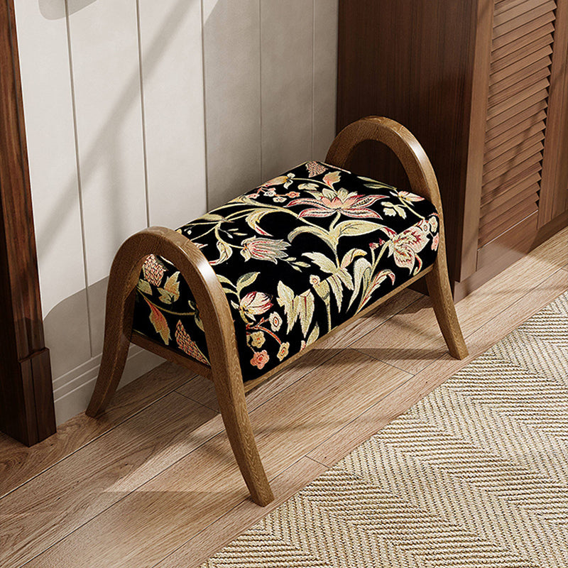 Elegante taburete bajo curvo cuadrado de madera de fresno con lino vintage tradicional para sala de estar