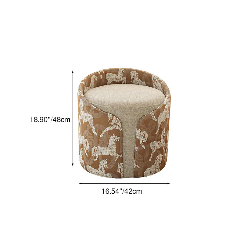 Traditional French Linen Stool with Solid Wood and Carbon Steel Frame — Square Cylindrical Low Seat for Living Room