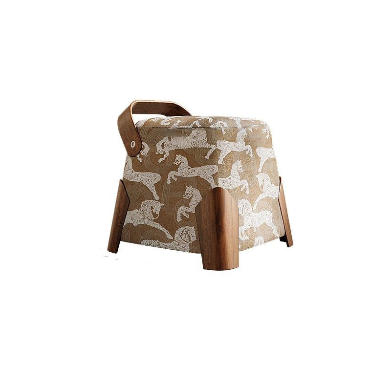 Traditional French Linen Stool with Solid Wood and Carbon Steel Frame — Square Cylindrical Low Seat for Living Room
