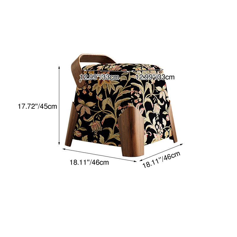 Traditional French Linen Stool with Solid Wood and Carbon Steel Frame — Square Cylindrical Low Seat for Living Room