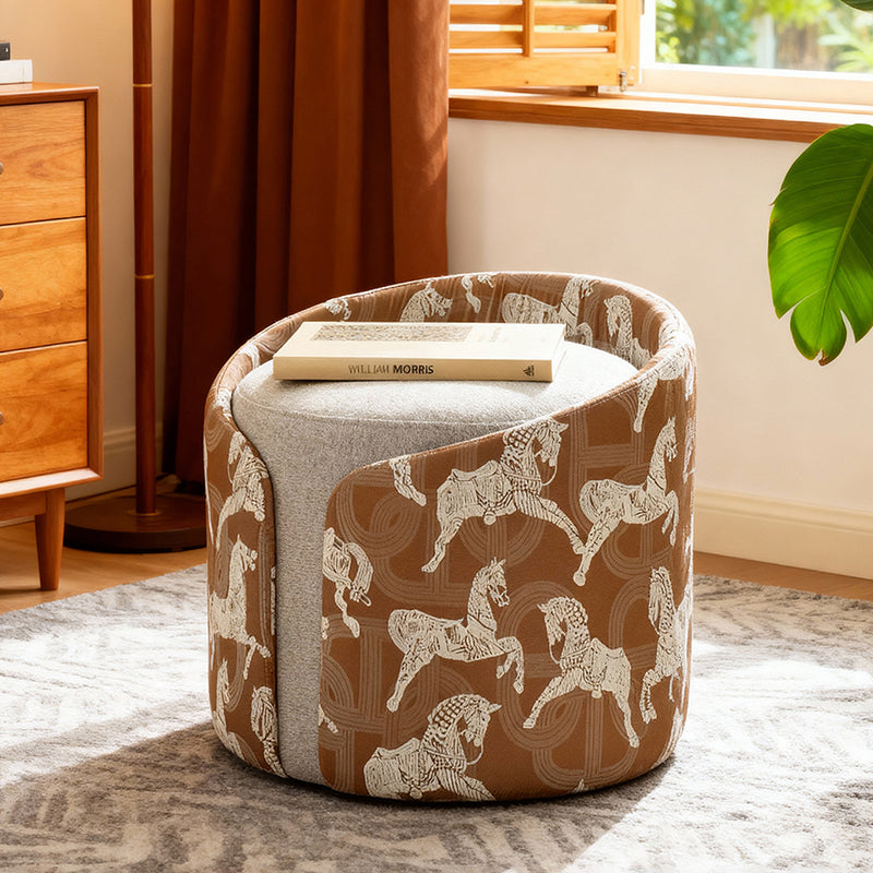 Traditional French Linen Stool with Solid Wood and Carbon Steel Frame — Square Cylindrical Low Seat for Living Room