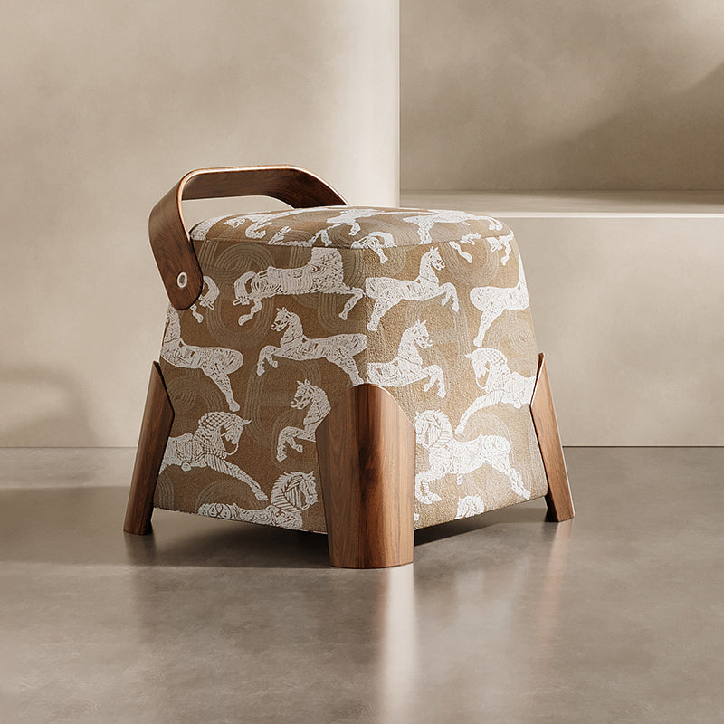 Traditional French Linen Stool with Solid Wood and Carbon Steel Frame — Square Cylindrical Low Seat for Living Room