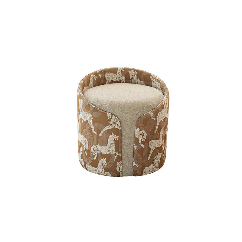 Traditional French Linen Stool with Solid Wood and Carbon Steel Frame — Square Cylindrical Low Seat for Living Room