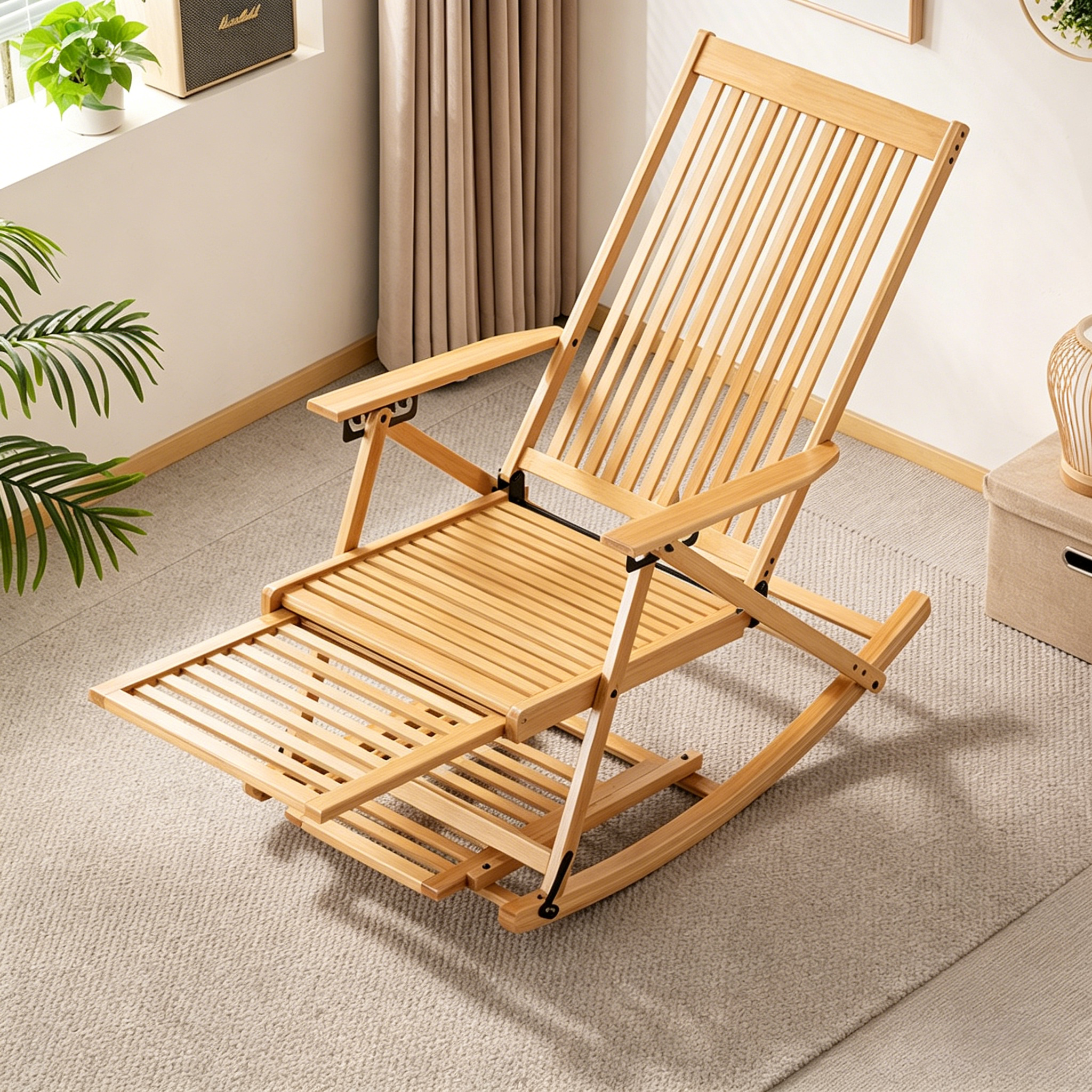 Traditional Chinese Bamboo Hollow Rectangular Folding Reclining Lounge Chair with Armrests for Living Room