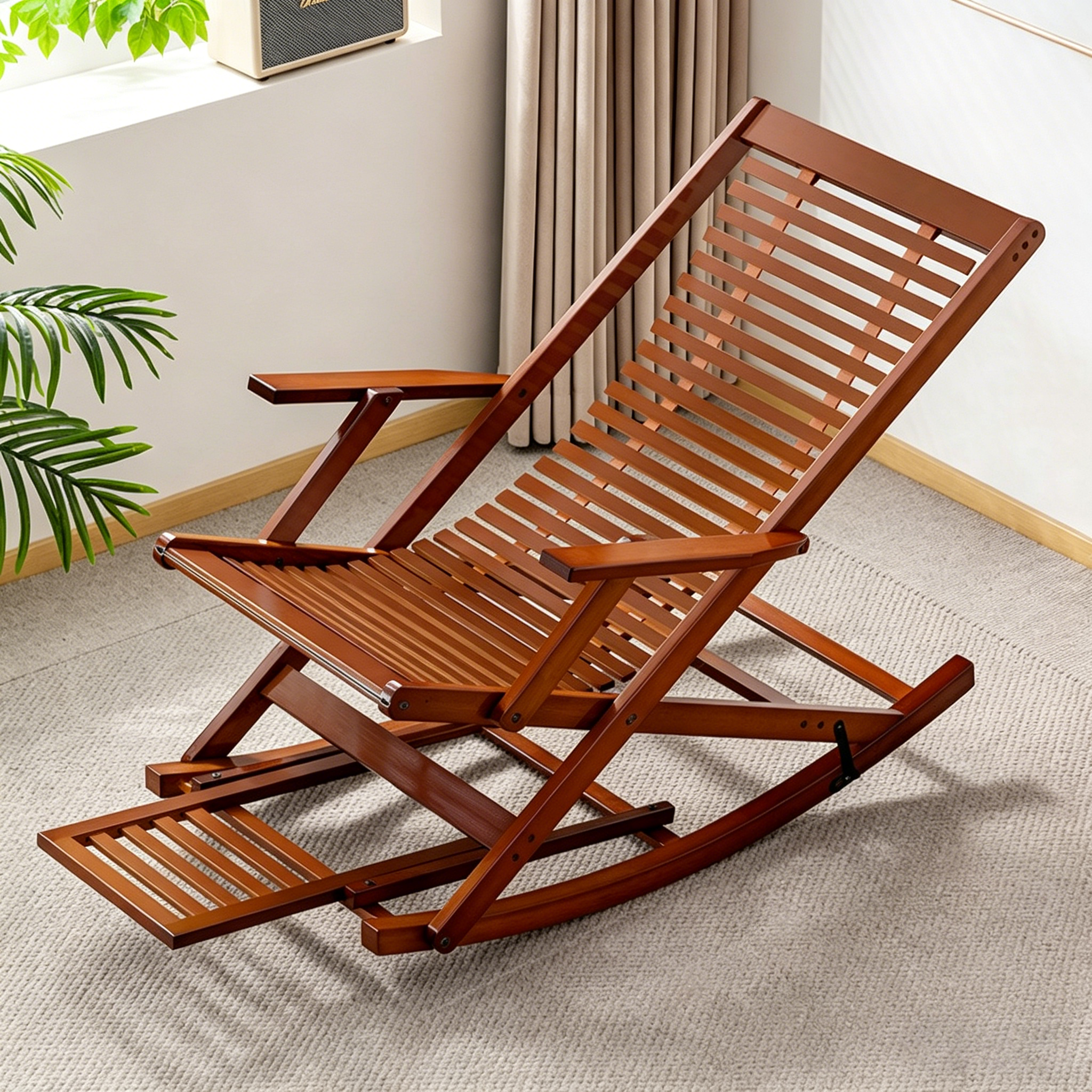 Traditional Chinese Bamboo Hollow Rectangular Folding Reclining Lounge Chair with Armrests for Living Room