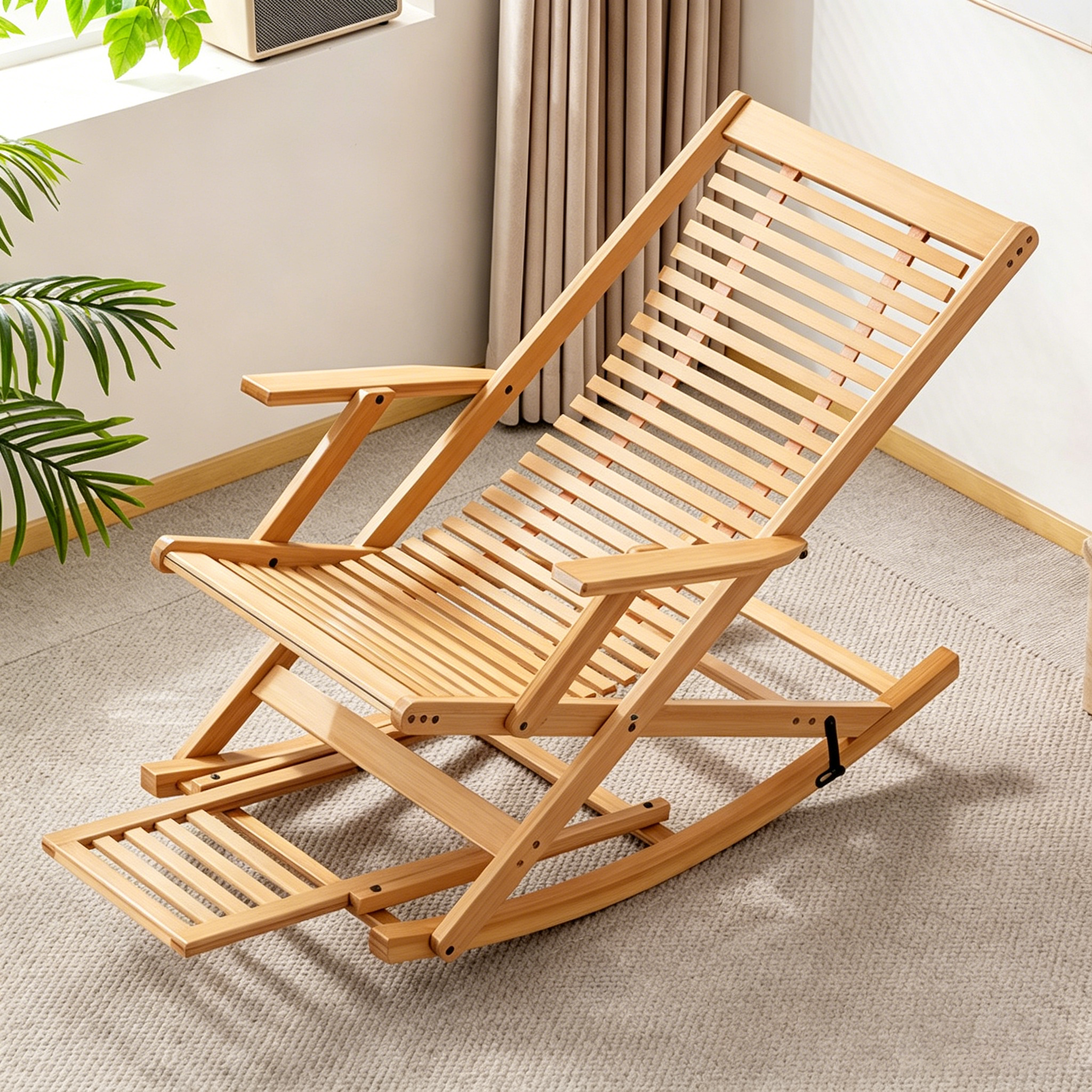 Traditional Chinese Bamboo Hollow Rectangular Folding Reclining Lounge Chair with Armrests for Living Room