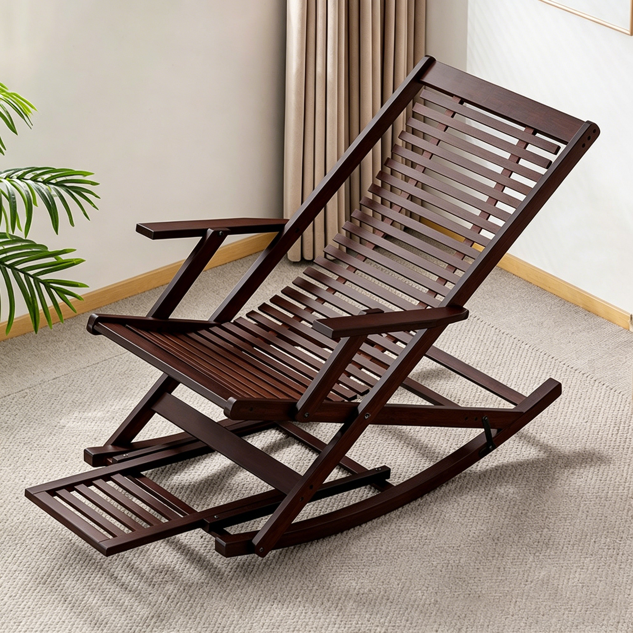 Tumbona reclinable plegable rectangular hueca tradicional china de bambú con reposabrazos para sala de estar