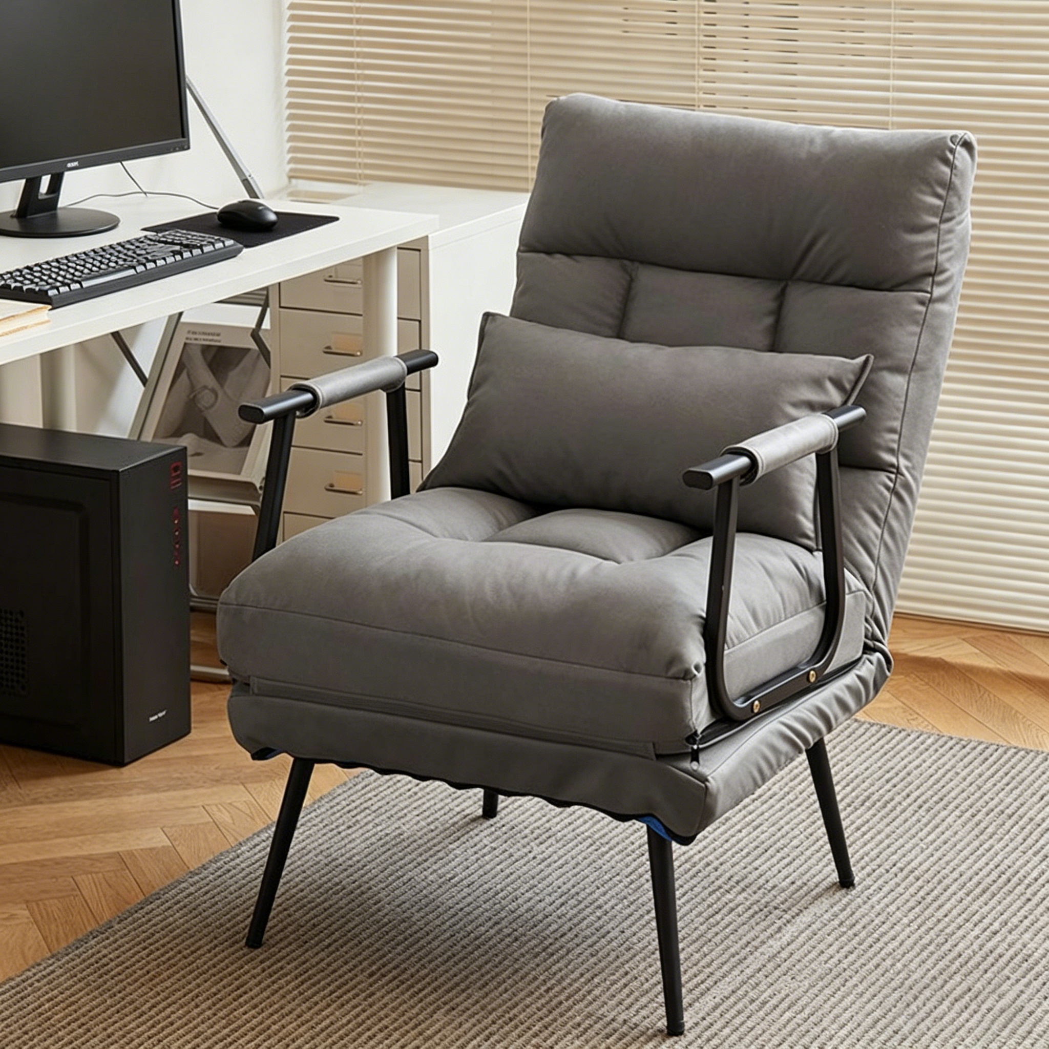Modern Minimalist Tech-Fabric Folding Recliner Lounge Chair — Cylindrical & Rectangular Steel Frame, Leather Accents, Backrest & Armrests, Cat-Scratch Resistant, for Living Room