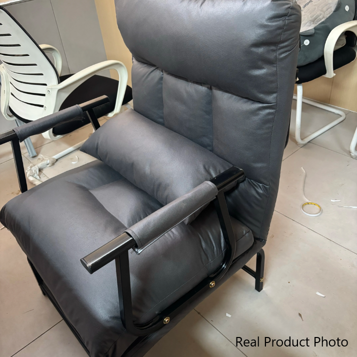 Modern Minimalist Tech-Fabric Folding Recliner Lounge Chair — Cylindrical & Rectangular Steel Frame, Leather Accents, Backrest & Armrests, Cat-Scratch Resistant, for Living Room