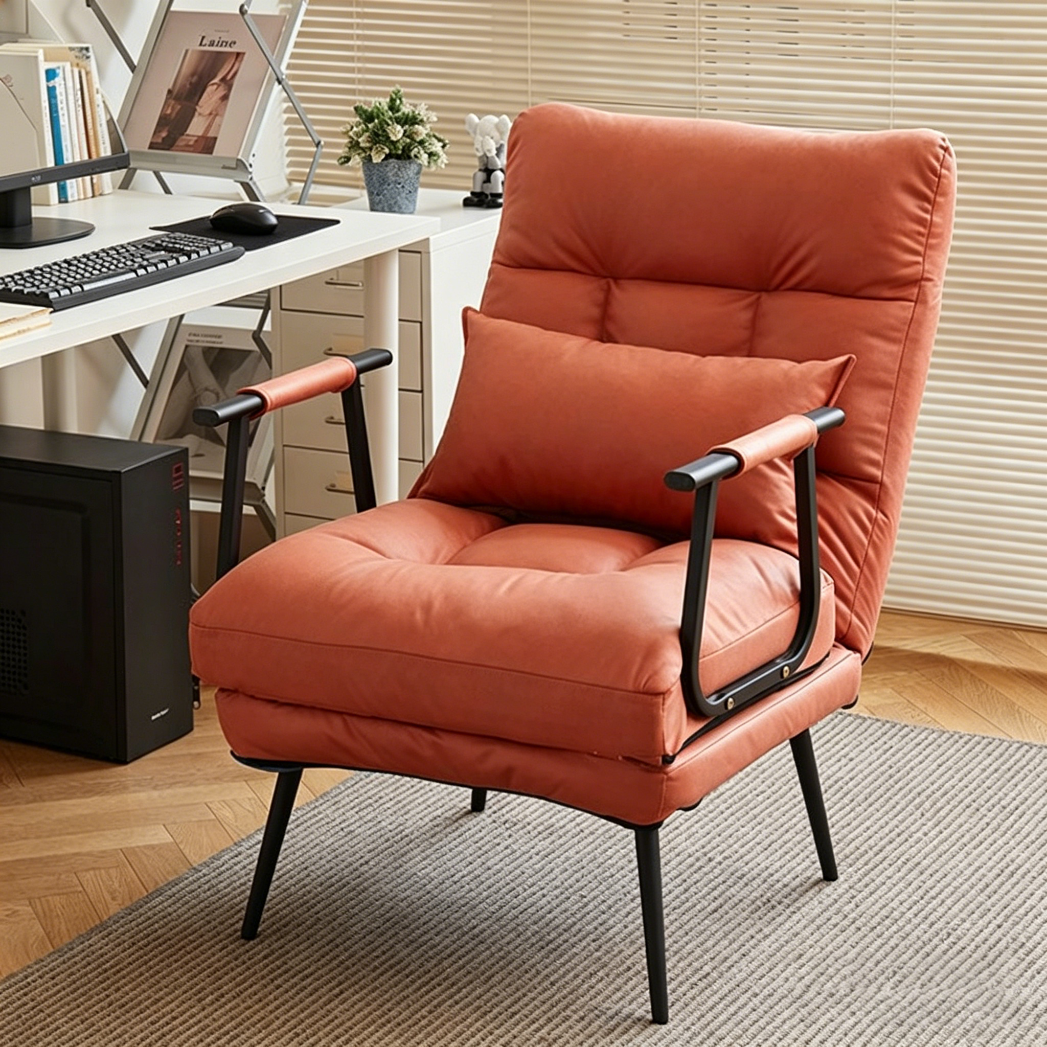 Modern Minimalist Tech-Fabric Folding Recliner Lounge Chair — Cylindrical & Rectangular Steel Frame, Leather Accents, Backrest & Armrests, Cat-Scratch Resistant, for Living Room