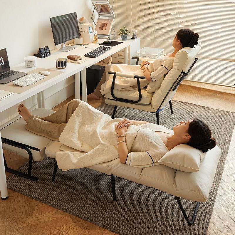 Modern Minimalist Tech-Fabric Folding Recliner Lounge Chair — Cylindrical & Rectangular Steel Frame, Leather Accents, Backrest & Armrests, Cat-Scratch Resistant, for Living Room