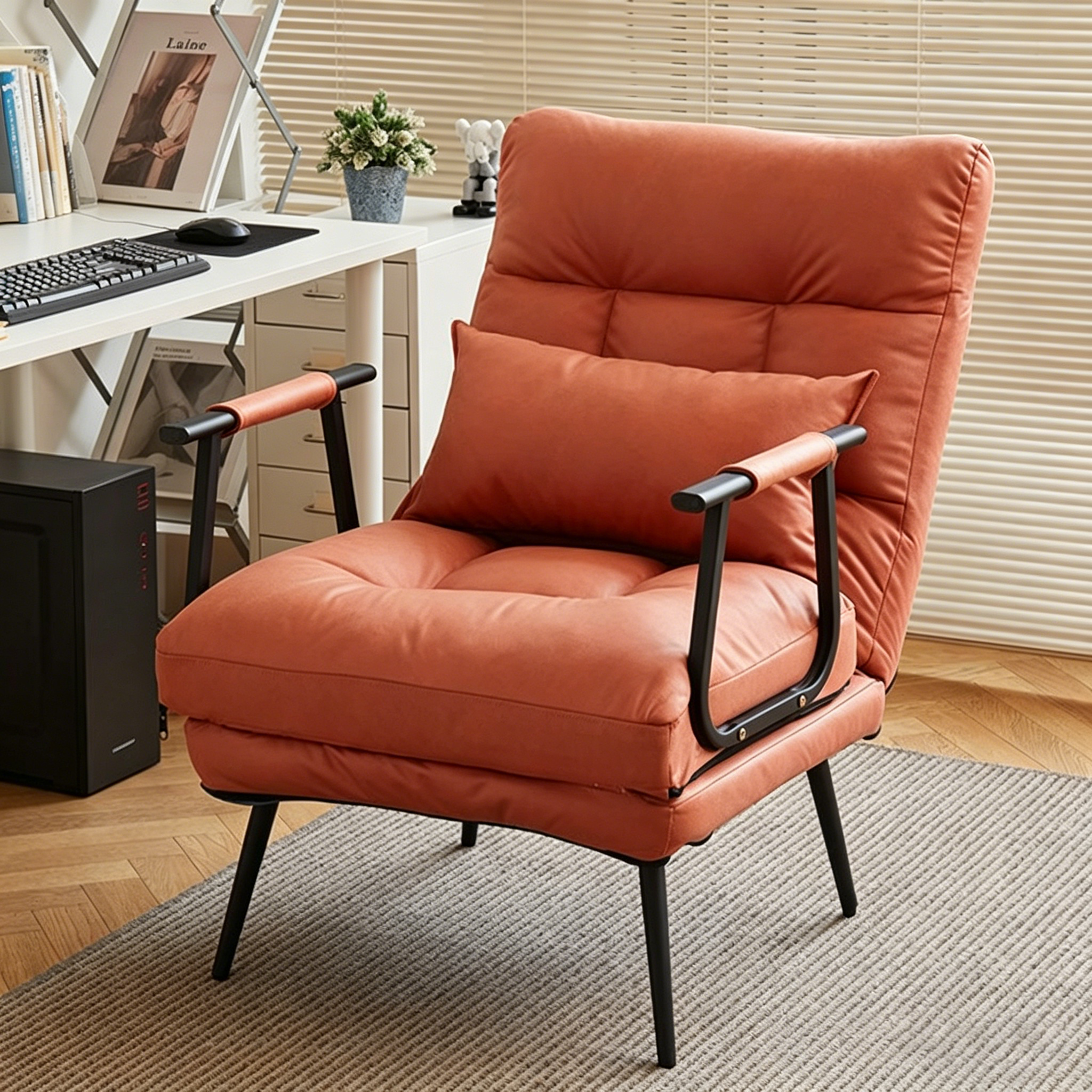 Modern Minimalist Tech-Fabric Folding Recliner Lounge Chair — Cylindrical & Rectangular Steel Frame, Leather Accents, Backrest & Armrests, Cat-Scratch Resistant, for Living Room