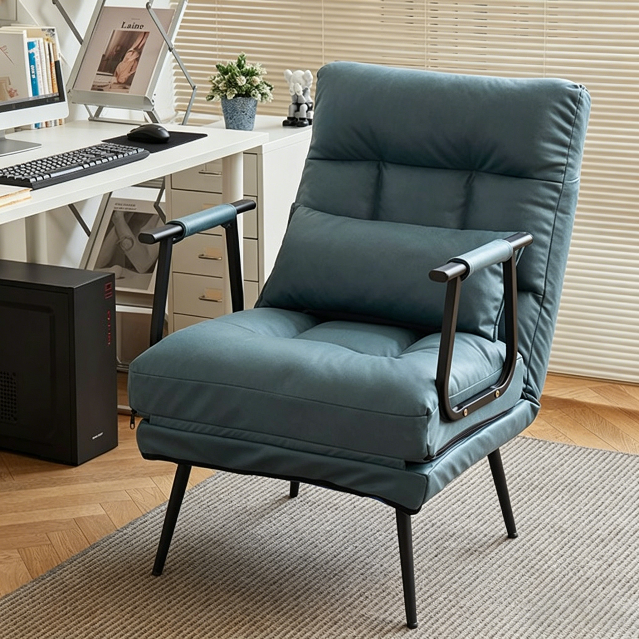 Modern Minimalist Tech-Fabric Folding Recliner Lounge Chair — Cylindrical & Rectangular Steel Frame, Leather Accents, Backrest & Armrests, Cat-Scratch Resistant, for Living Room