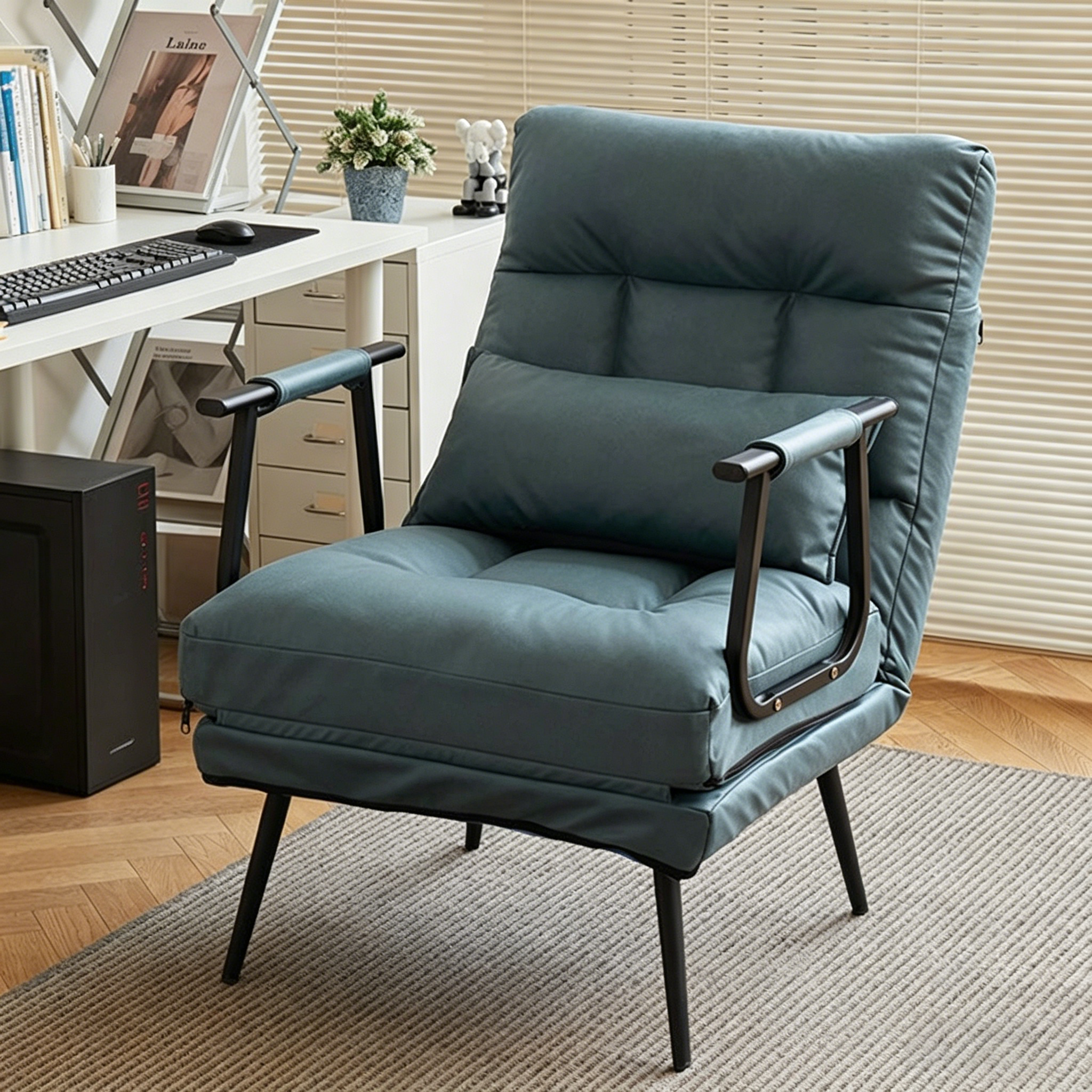 Modern Minimalist Tech-Fabric Folding Recliner Lounge Chair — Cylindrical & Rectangular Steel Frame, Leather Accents, Backrest & Armrests, Cat-Scratch Resistant, for Living Room