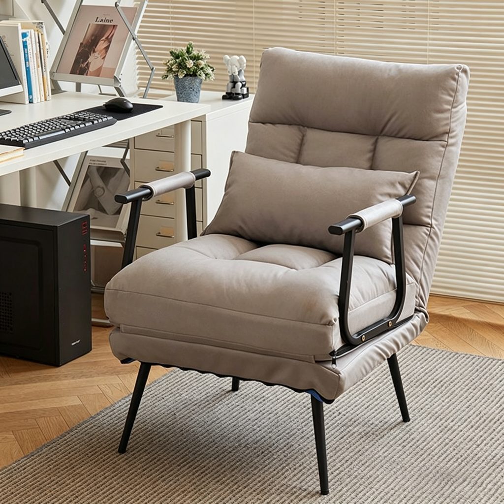 Modern Minimalist Tech-Fabric Folding Recliner Lounge Chair — Cylindrical & Rectangular Steel Frame, Leather Accents, Backrest & Armrests, Cat-Scratch Resistant, for Living Room