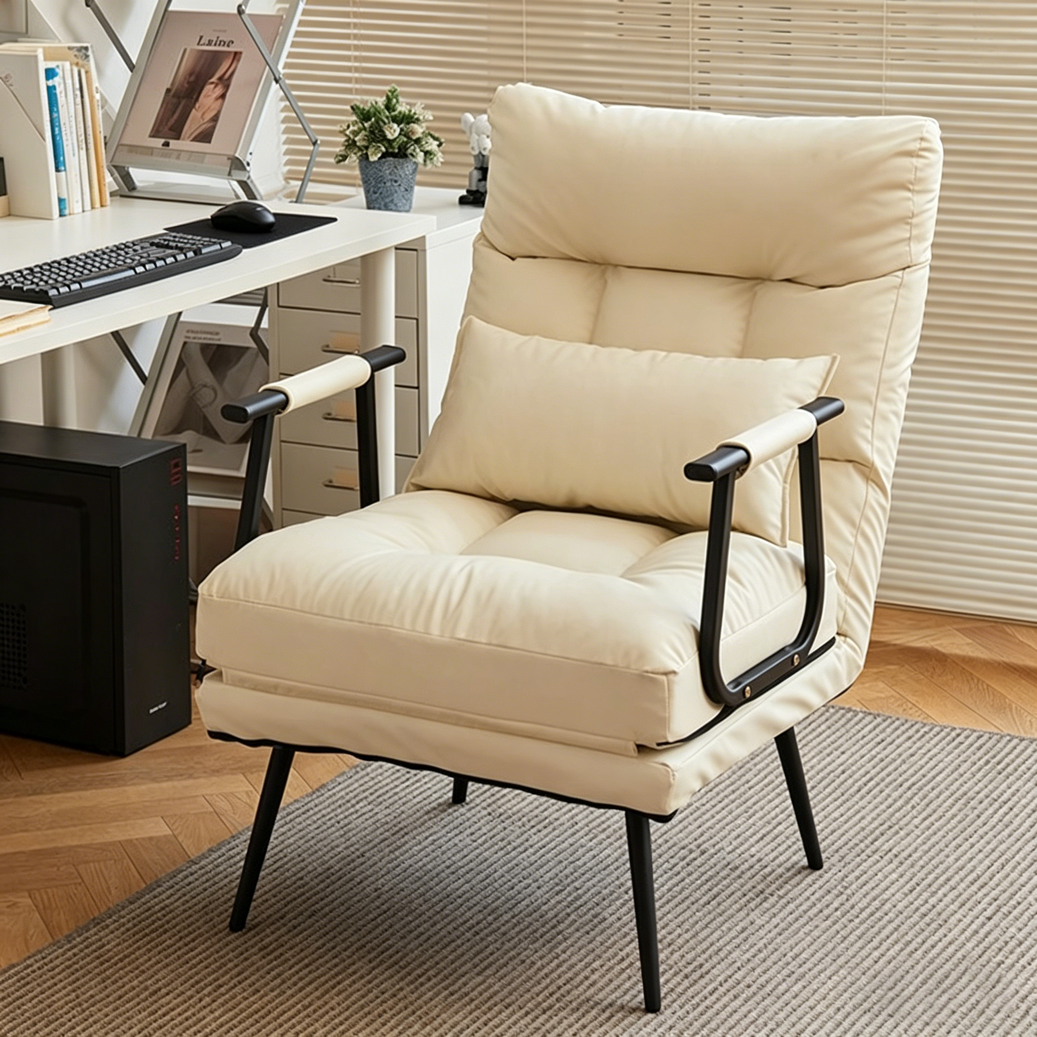 Modern Minimalist Tech-Fabric Folding Recliner Lounge Chair — Cylindrical & Rectangular Steel Frame, Leather Accents, Backrest & Armrests, Cat-Scratch Resistant, for Living Room