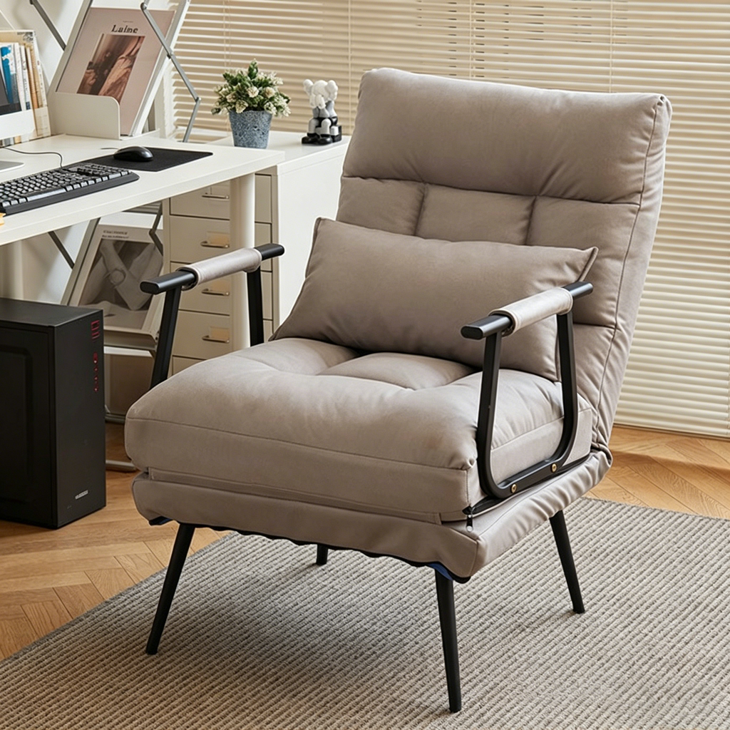 Modern Minimalist Tech-Fabric Folding Recliner Lounge Chair — Cylindrical & Rectangular Steel Frame, Leather Accents, Backrest & Armrests, Cat-Scratch Resistant, for Living Room