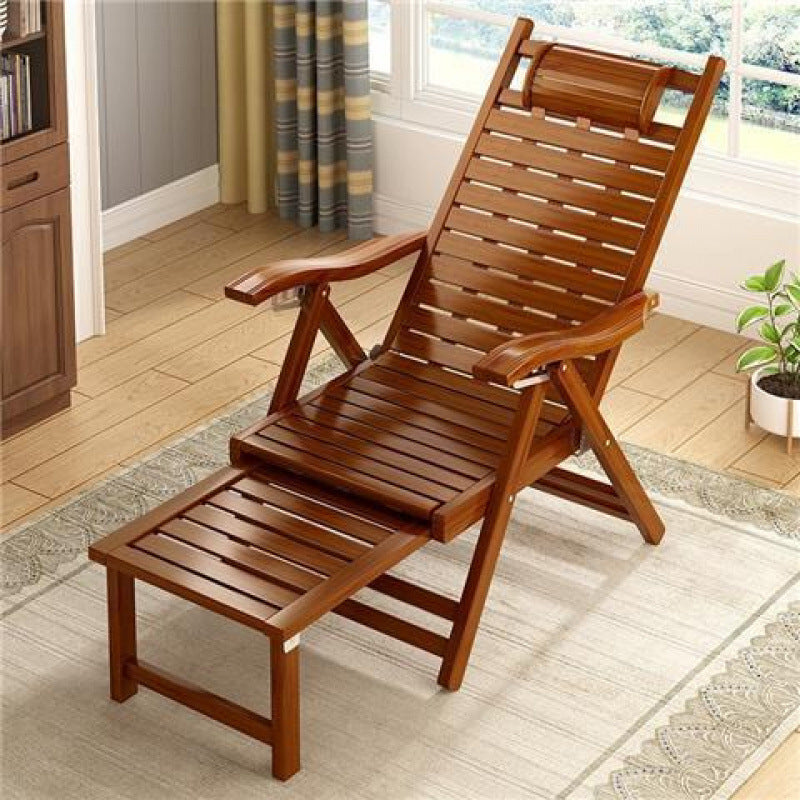 Elegant Traditional Chinese Bamboo Hollow Rectangular Folding Recliner Lounge Chair with Backrest and Armrests for Living Room or Balcony