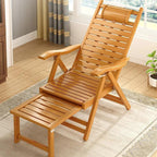 Elegant Traditional Chinese Bamboo Hollow Rectangular Folding Recliner Lounge Chair with Backrest and Armrests for Living Room or Balcony