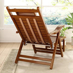 Elegant Traditional Chinese Bamboo Hollow Rectangular Folding Recliner Lounge Chair with Backrest and Armrests for Living Room or Balcony