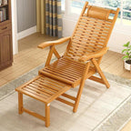 Elegant Traditional Chinese Bamboo Hollow Rectangular Folding Recliner Lounge Chair with Backrest and Armrests for Living Room or Balcony