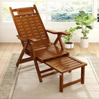 Elegant Traditional Chinese Bamboo Hollow Rectangular Folding Recliner Lounge Chair with Backrest and Armrests for Living Room or Balcony