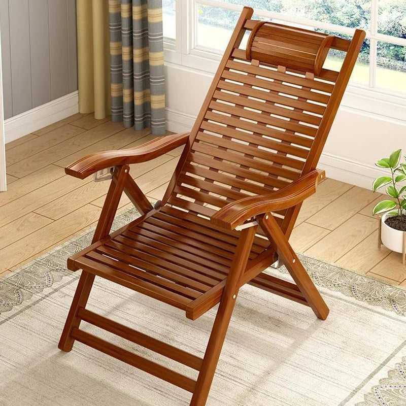 Elegant Traditional Chinese Bamboo Hollow Rectangular Folding Recliner Lounge Chair with Backrest and Armrests for Living Room or Balcony