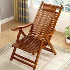 Elegant Traditional Chinese Bamboo Hollow Rectangular Folding Recliner Lounge Chair with Backrest and Armrests for Living Room or Balcony