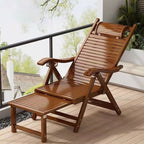 Elegant Traditional Chinese Bamboo Hollow Rectangular Folding Recliner Lounge Chair with Backrest and Armrests for Living Room or Balcony