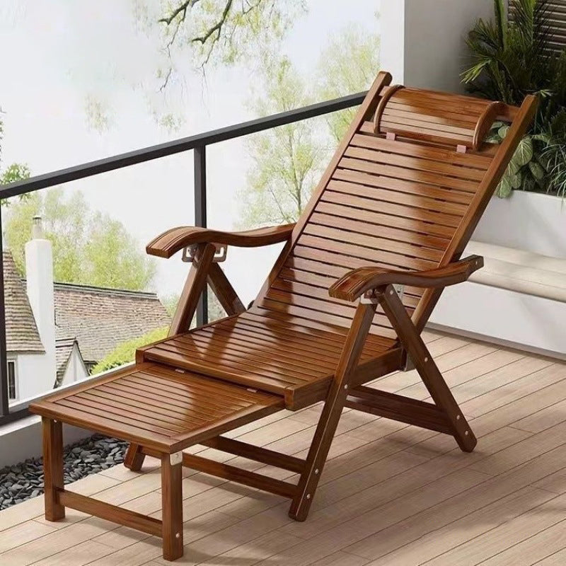 Elegant Traditional Chinese Bamboo Hollow Rectangular Folding Recliner Lounge Chair with Backrest and Armrests for Living Room or Balcony