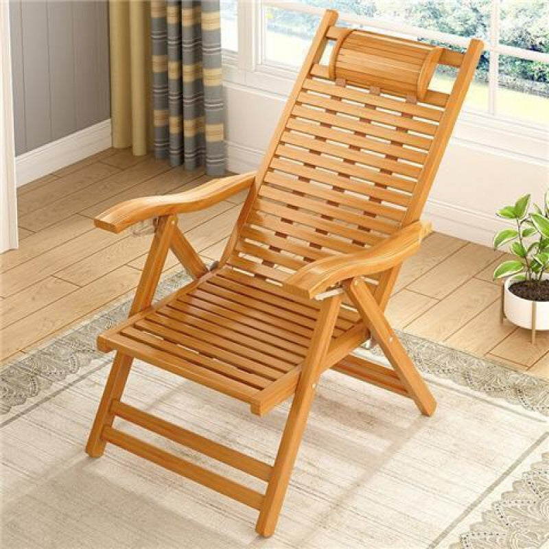 Elegant Traditional Chinese Bamboo Hollow Rectangular Folding Recliner Lounge Chair with Backrest and Armrests for Living Room or Balcony