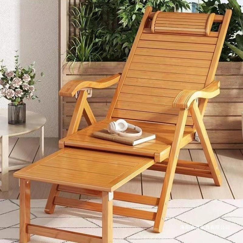 Elegant Traditional Chinese Bamboo Hollow Rectangular Folding Recliner Lounge Chair with Backrest and Armrests for Living Room or Balcony