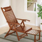 Elegant Traditional Chinese Bamboo Hollow Rectangular Folding Recliner Lounge Chair with Backrest and Armrests for Living Room or Balcony