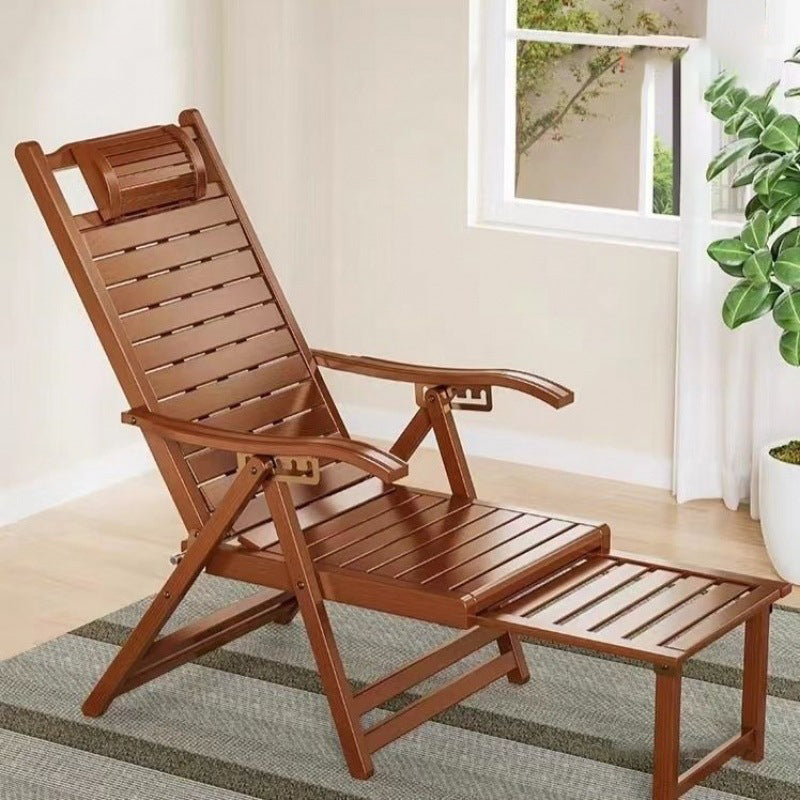 Elegant Traditional Chinese Bamboo Hollow Rectangular Folding Recliner Lounge Chair with Backrest and Armrests for Living Room or Balcony