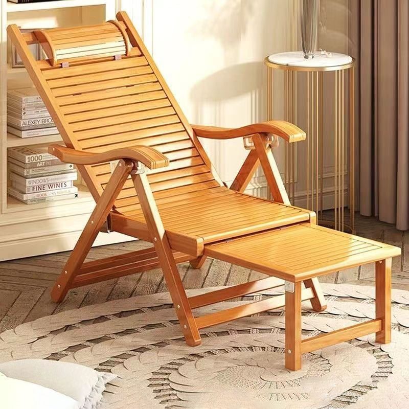 Elegant Traditional Chinese Bamboo Hollow Rectangular Folding Recliner Lounge Chair with Backrest and Armrests for Living Room or Balcony