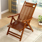 Elegant Traditional Chinese Bamboo Hollow Rectangular Folding Recliner Lounge Chair with Backrest and Armrests for Living Room or Balcony