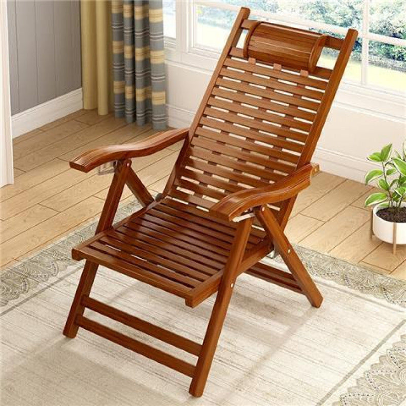 Elegant Traditional Chinese Bamboo Hollow Rectangular Folding Recliner Lounge Chair with Backrest and Armrests for Living Room or Balcony