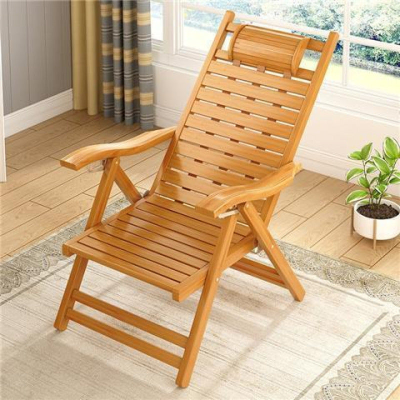 Elegant Traditional Chinese Bamboo Hollow Rectangular Folding Recliner Lounge Chair with Backrest and Armrests for Living Room or Balcony