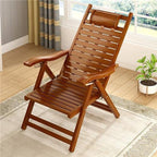 Elegant Traditional Chinese Bamboo Hollow Rectangular Folding Recliner Lounge Chair with Backrest and Armrests for Living Room or Balcony