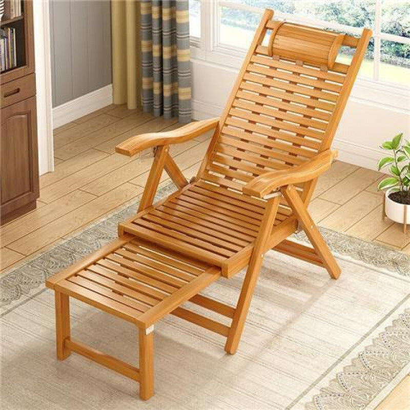 Elegant Traditional Chinese Bamboo Hollow Rectangular Folding Recliner Lounge Chair with Backrest and Armrests for Living Room or Balcony