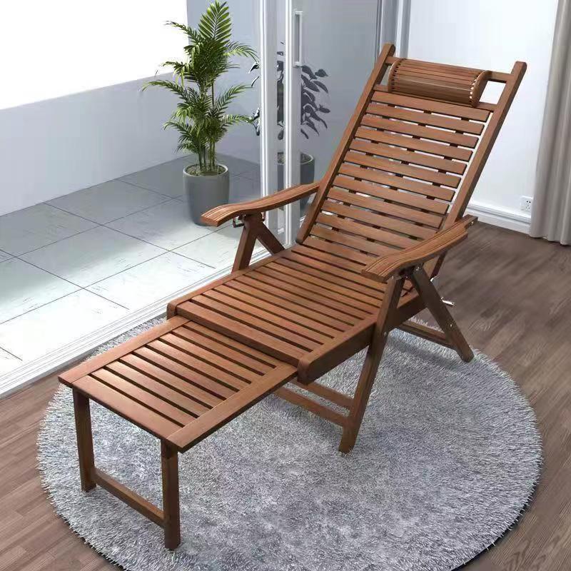 Elegant Traditional Chinese Bamboo Hollow Rectangular Folding Recliner Lounge Chair with Backrest and Armrests for Living Room or Balcony