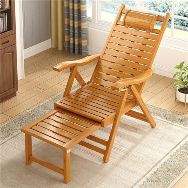Elegant Traditional Chinese Bamboo Hollow Rectangular Folding Recliner Lounge Chair with Backrest and Armrests for Living Room or Balcony