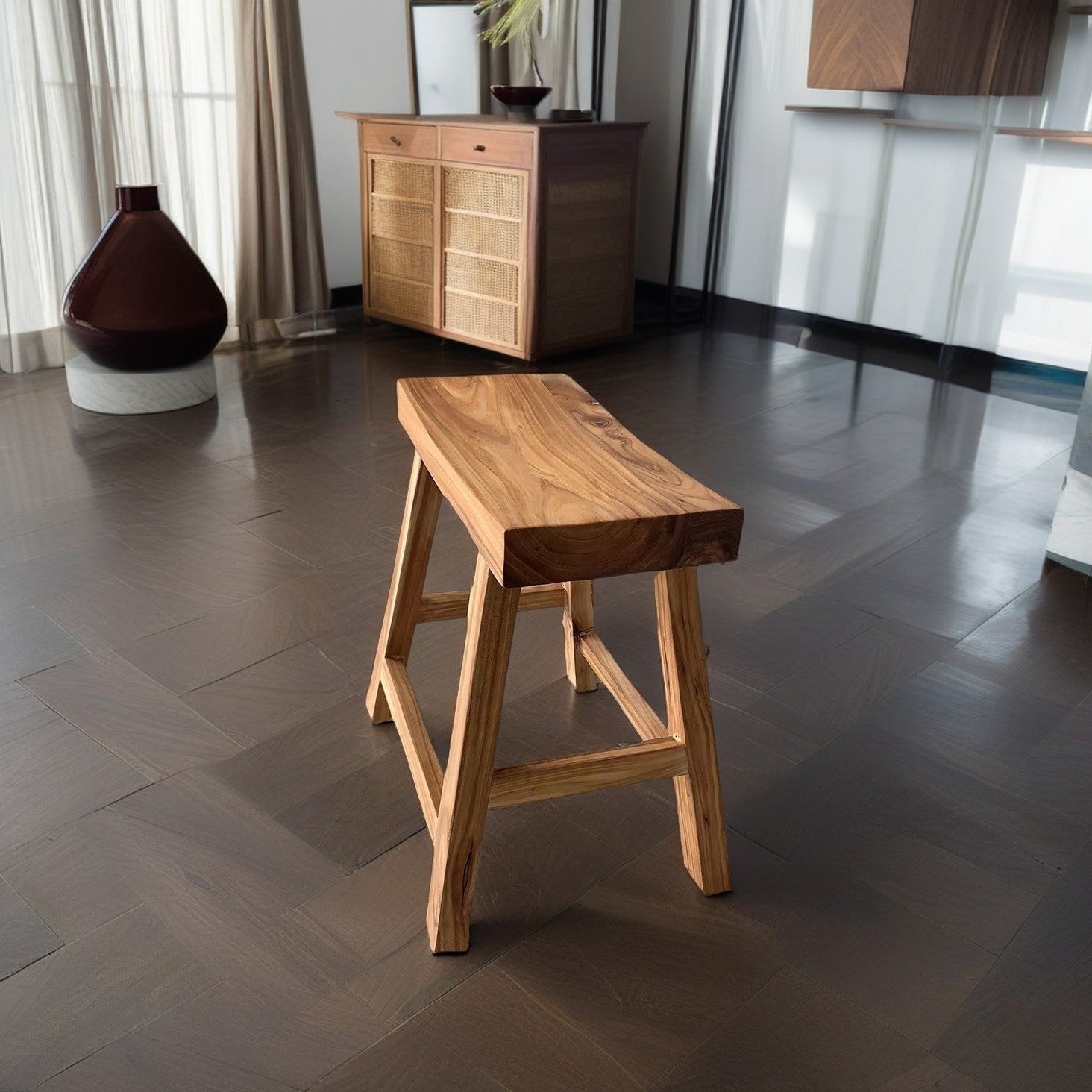 Sleek Rectangular Wood Low Stool with Modern Minimalist Design for Living Room