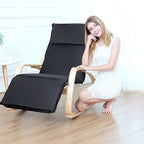Mecedora reclinable de lino y madera de diseño moderno y sencillo con respaldo cuadrado para dormitorio