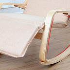 Mecedora reclinable de lino y madera de diseño moderno y sencillo con respaldo cuadrado para dormitorio