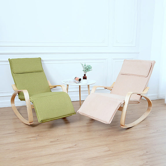 Mecedora reclinable de lino y madera de diseño moderno y sencillo con respaldo cuadrado para dormitorio